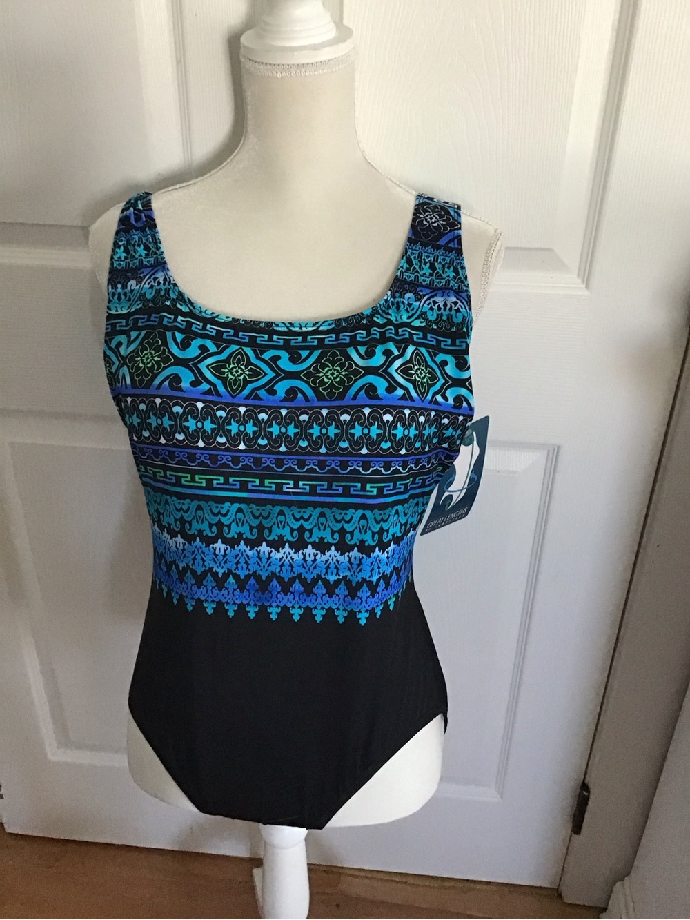New Women's Blue Patterned Scoop Neck One-Piece Swimsuit Size 12